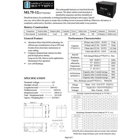 Mighty Max Battery 12V 75Ah SLA Battery Replacement for Wayne WSS30V Backup Sump Pump MAX3938498